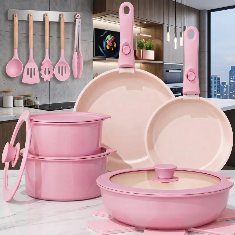 TAKSAT Keramik-Kochgeschirr-Set mit Antihaftbeschichtung, 19- oder 21-teilig, mit isolierten Deckeln, Suppentopf, Bratpfanne und Schmortopf, ofenfest, spülmaschinengeeignet, induktionsgeeignet, PFOA-frei