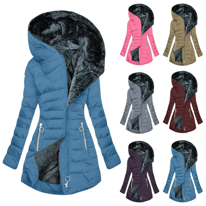 Women's Winter Hooded Coat, Wool Collar, Zip-Up, Long-Sleeve, Slim-Fit, Cotton-Padded Warm Outerwear