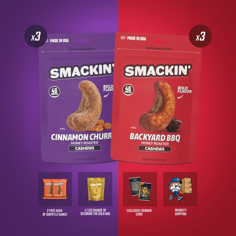 SMACKIN' Jumbo Cashews Flavor Duo with Free Chipotle Ranch Sunflower Seeds, 6 Resealable 4 oz Bags