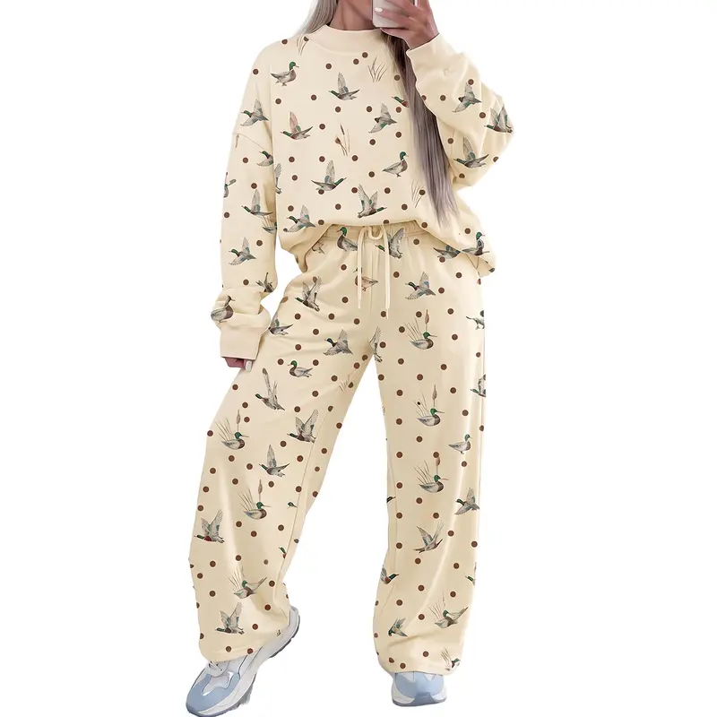 Mntaor Women's Beige Mallard Duck Polka Dot 2-Piece Set: Crewneck Pullover and Drawstring Wide-Leg Trousers
