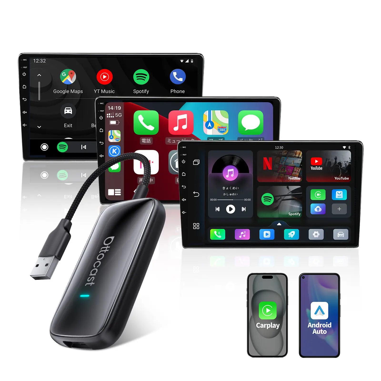 Official Ottocast Play2Video Ultra Android 12 CarPlay Box for Factory Wired CarPlay Vehicles from 2016 Onward, Supports TVer, YouTube, Netflix and Prime Video