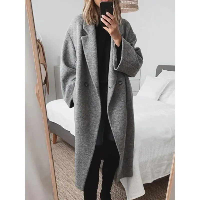 Manteau long oversize pour femme, coupe ample à double boutonnage et col à revers, pour l’automne et l’hiver