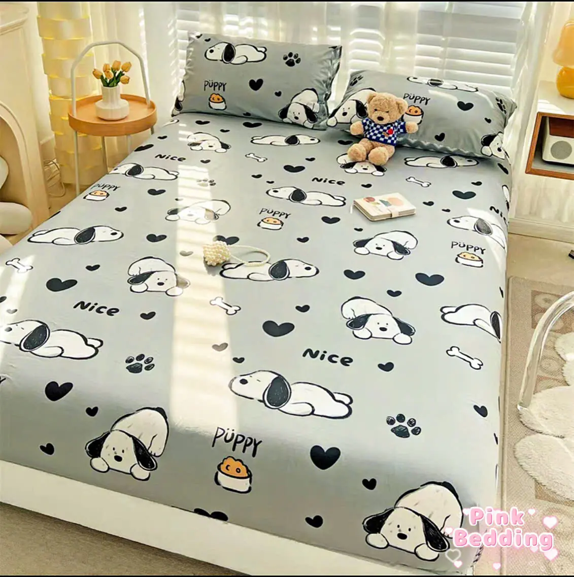 Set de ropa de cama Pink Pink de 3 piezas, sábana ajustable y fundas de almohada de algodón poliéster, diseños Cute M2, M4, M6, M8 y 2M2