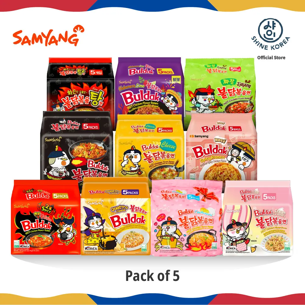 Samyang Hot Chicken Buldak Ramen Noodles, 5 Packs, Halal Korean Noodles with 10 Flavors from Extra Fiery to Cheesy Creamy Tangy