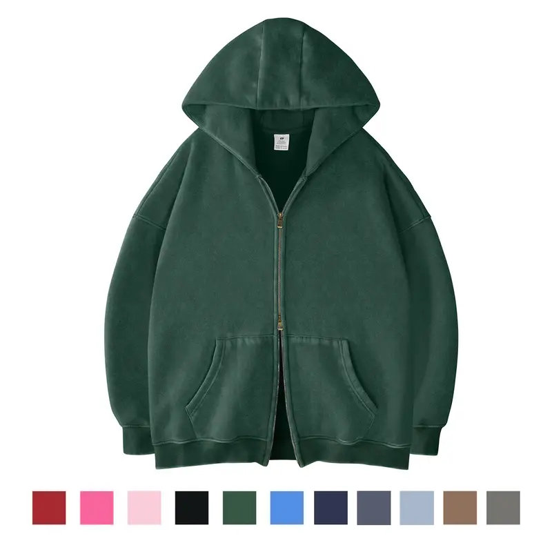 DNZZS Unisex Acid-Wash Heavyweight Fleece Double-Zip Hoodie, Plus Size, Vintage Style, AL-W0161