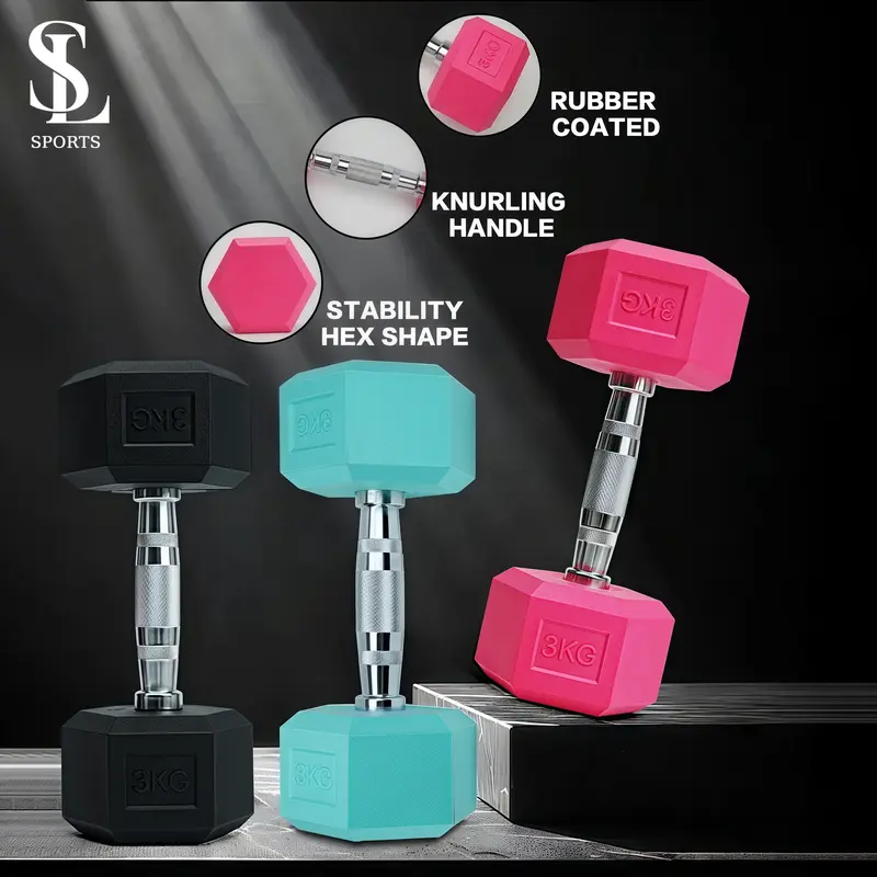 Hexagonal Dumbbell WARNA PINK BIRU PINK 3KG/5kg Besi Cor Dumbel Gym Fitness Alat Olahraga Rumah Dengan Berat 5 Kg Cocok Untuk Berbagai Latihan Kebugaran Rubber Coated Knurling Handle Stability Hex Shape