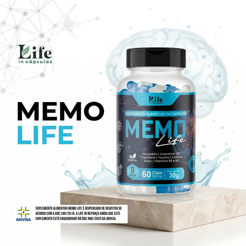 Memo Life 60 Cápsulas por Pote – Magnésio - Coenzima Q10 - Triptofano - Taurina - Cafeína - Zinco - Vitamina B6 e B12 - Memória, Energia, Clareza Mental, Concentração, Disposição