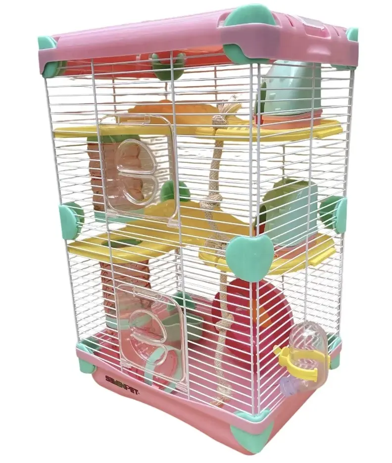 Pink Hamster Cage with House, Wheel, Tunnel and Rope, 27.5 × 20.5 × 42.5