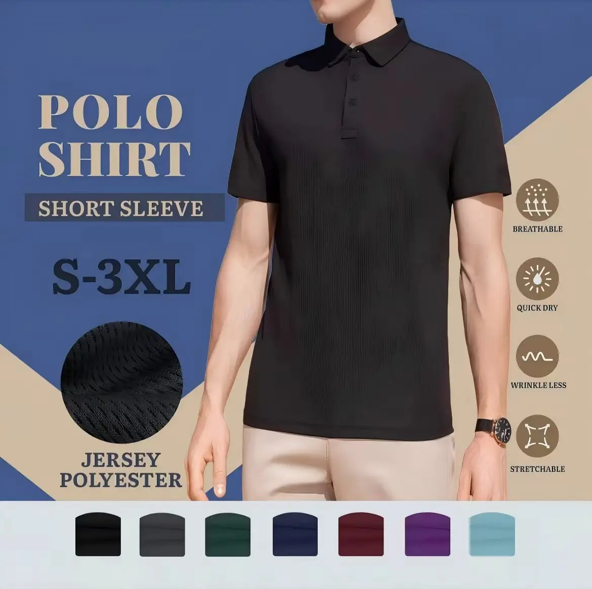 Unisex Quick-Dry Polo Shirt, Microfiber Breathable Lightweight Short-Sleeve Casual Sports and Work Tee
