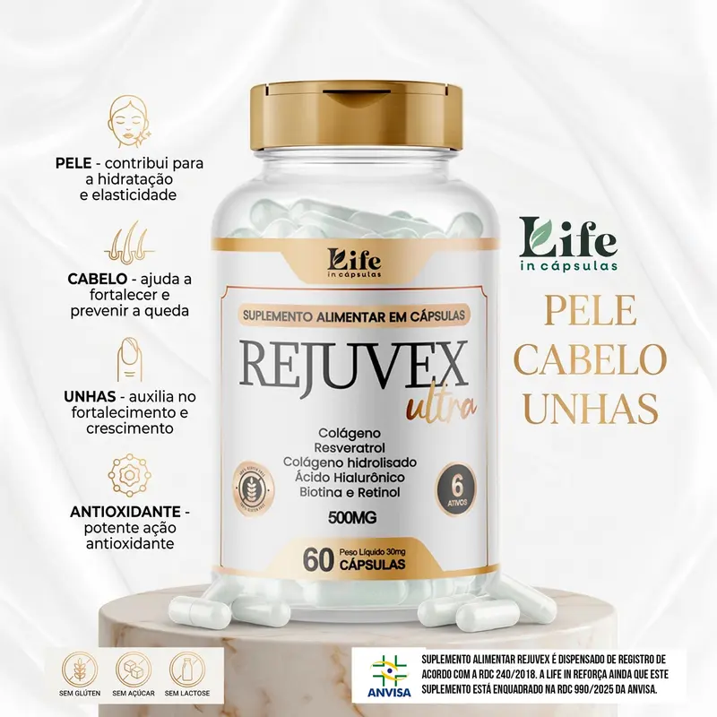 Rejuvex Ultra - 60 Cápsulas por Pote - Colágeno + Ácido Hialurônico - Resveratrol - Colágeno Hidrolisado - Biotina - Retinol | Pele Firme e Saudável