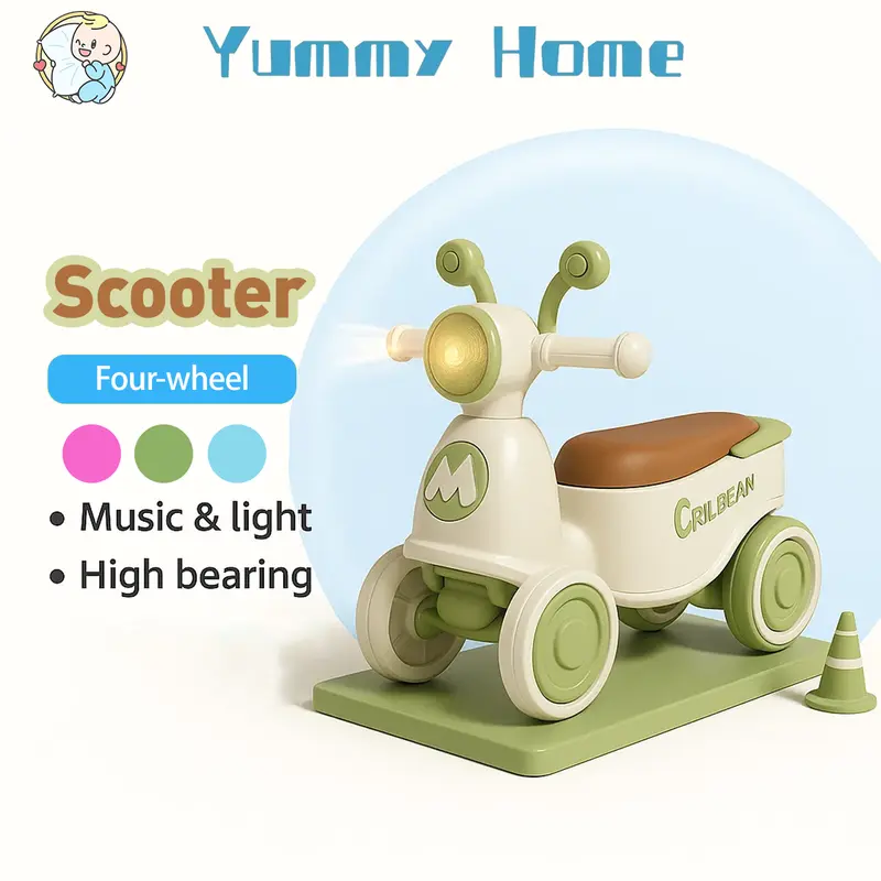 Beige Baby Balance Bike and Ride-On Motorcycle Scooter with Music and Lights