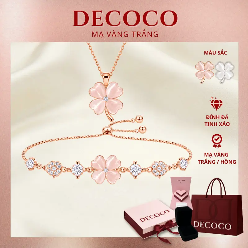 DECOCO BLESS 네잎클로버·매화 스톤 장식 목걸이 팔찌 세트 (파우치·상자 포함)