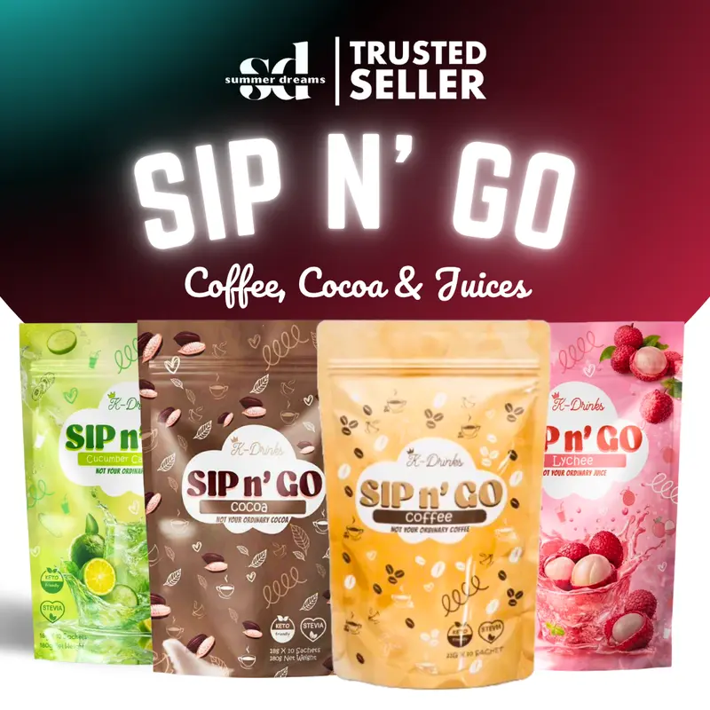 K-DRINKS by Meldhen Sip n' Go Coffee, Cocoa and Lychee Cucumber Calamansi Beauty Supplement, 10 Sachets