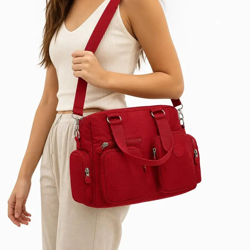 Women's Burgundy Large-Capacity Tote and Crossbody Bag, Lightweight Adjustable 100% Polyester with Letter Print