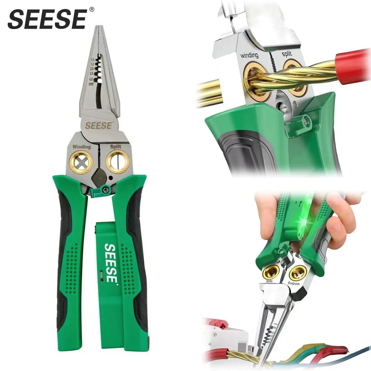 SEESE Tang Pengupas dan Penggulung Kabel 4-in-1 atau 8-in-1 – Tang Multifungsi dengan Lampu LED dan Alarm Suara untuk Kabel 12V hingga 250V, Ideal untuk Proyek Kelistrikan, Rumah, dan DIY