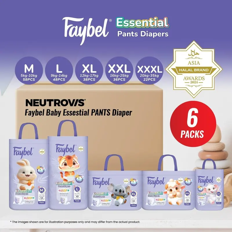 [6팩 특가] Faybel Essential 아기 팬티형 기저귀 6팩 - M·L·XL·XXL·XXXL 사이즈(NEW), 민감성 피부용, 붉어짐 방지, 피부과 테스트 완료