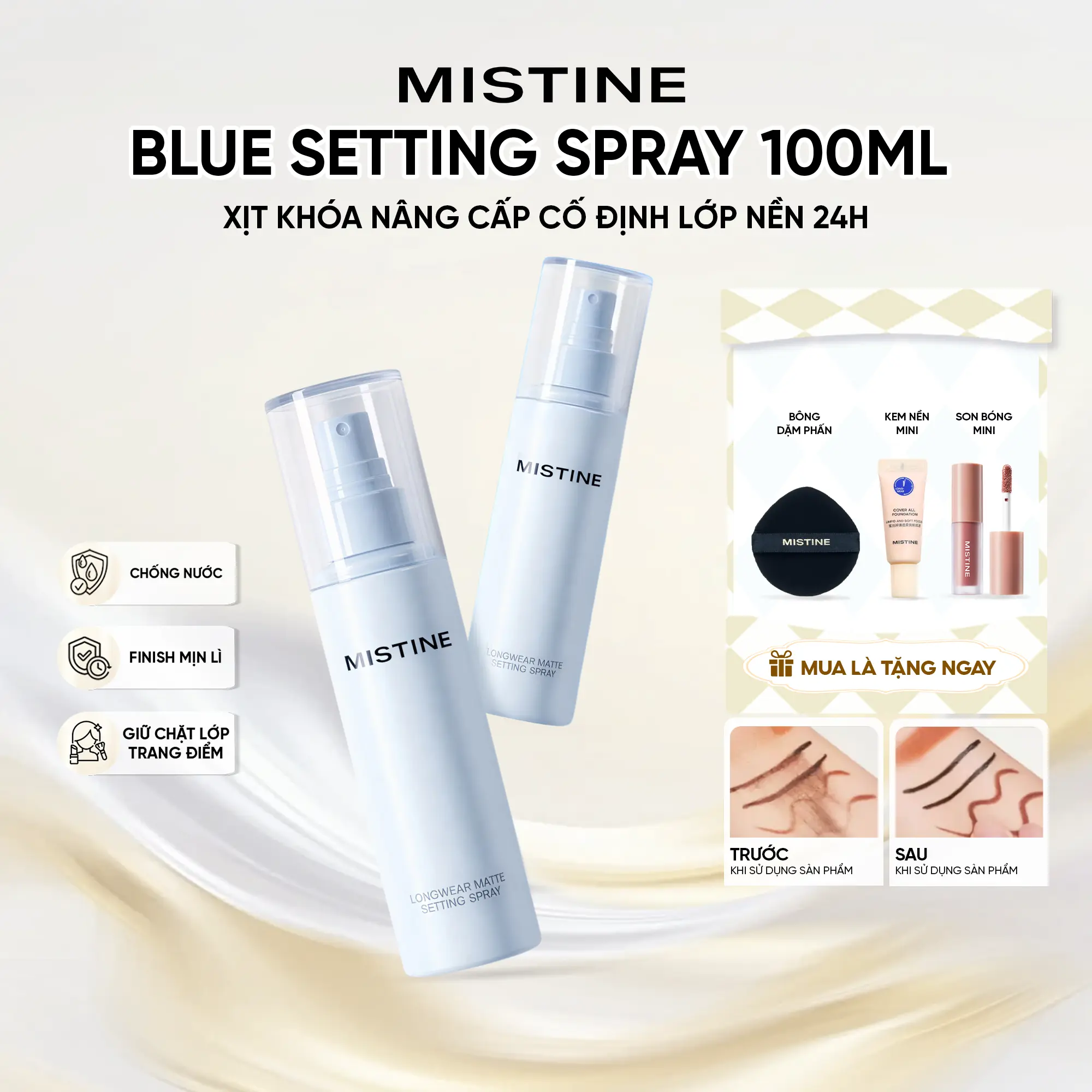 [LIVE-SUPERDEAL] MISTINE Fixierspray, verbesserte Version, 100ml, mit 1 Lipgloss, 1 Mini-Foundation und 1 Cushion-Schwämmchen als Geschenk