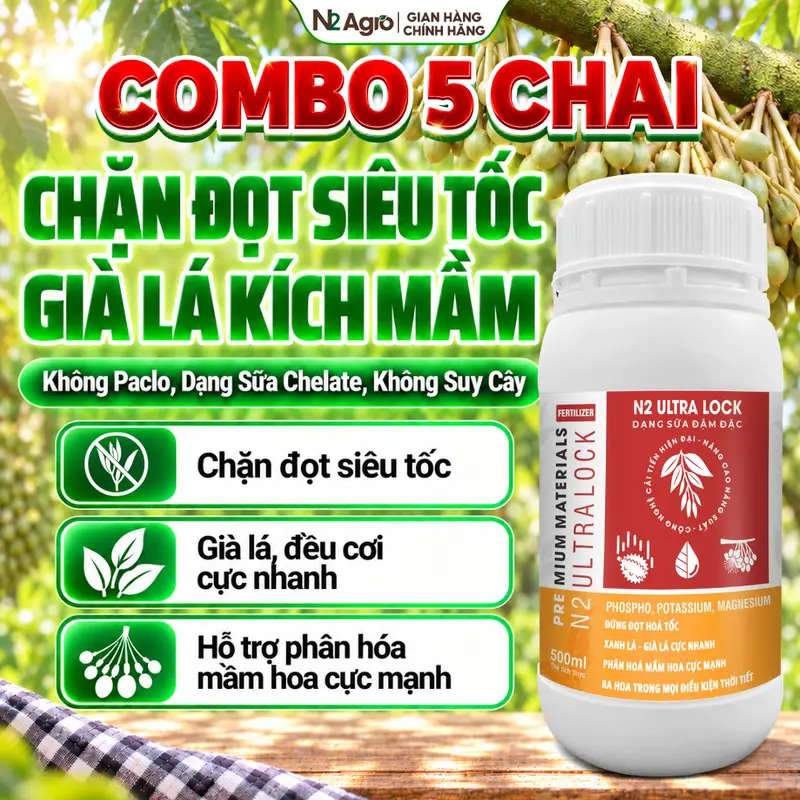Combo 5 chai phân bón lá N2 Agro Ultra Lock chặn đọt, tạo mầm, giúp lá nhanh già, 500ml/chai