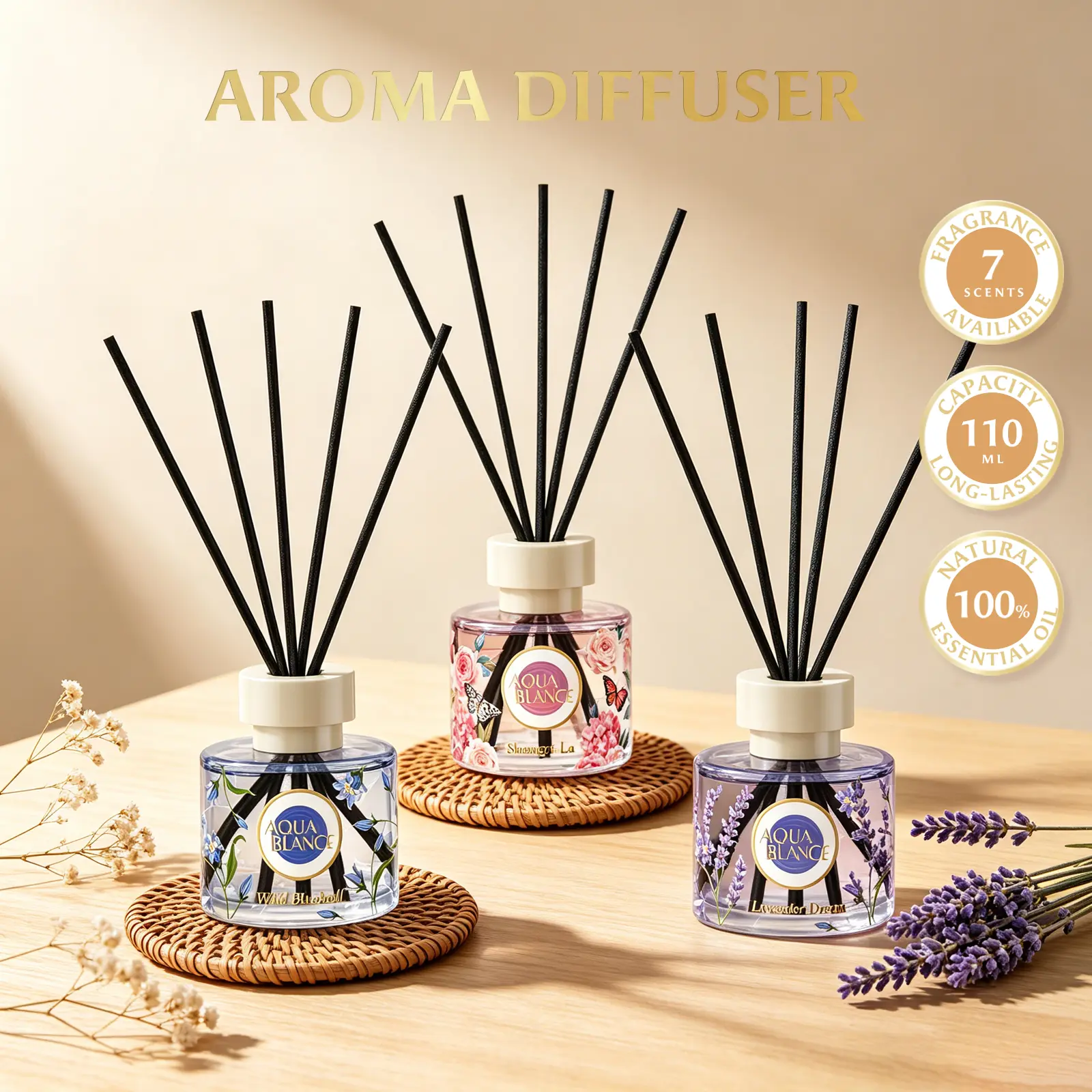 AquaBlance 110 ml Reed Diffuser with Natural Essential Oils, Lemongrass Hotel-Style Fragrance for Home, Bathroom, Office or Bedroom