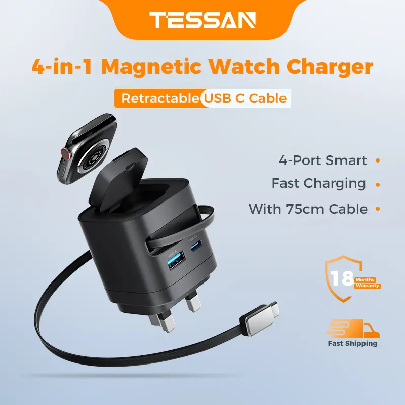 TESSAN 4-in-1 magnetisches kabelloses Ladegerät für Apple Watch mit USB-A, USB-C und integriertem USB-C-Kabel; kompatibel mit Apple Watch Series 11/10/9/8/7/6/5 und allen früheren Modellen, Ultra 1/2/3, SE 1/2/3, iPhone, iPad und AirPods