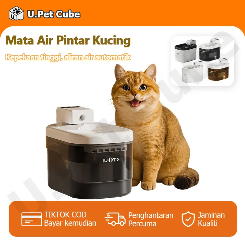 Dispenser Makanan dan Air Otomatis U.Pet Cube untuk Kucing dan Anjing, Aliran Air Senyap, Sirkulasi Air, dan Kapasitas Besar