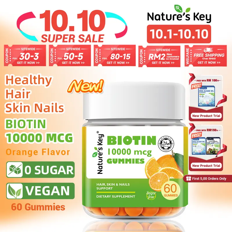 [Promosi] Nature's Key Biotin Gummies 10000 mcg, Formula Diperbarui Tanpa Gula, Membantu Pertumbuhan Rambut dan Kuku serta Memperbaiki Kondisi Kulit, 60 Gummy per Botol, Rasa Jeruk Manis, untuk Dewasa