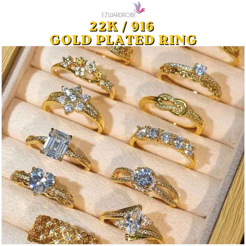 [EZWARDROBE] Nhẫn nữ mạ vàng 22k/916 đính đá zirconia giống kim cương, chỉnh được kích cỡ, chống gỉ