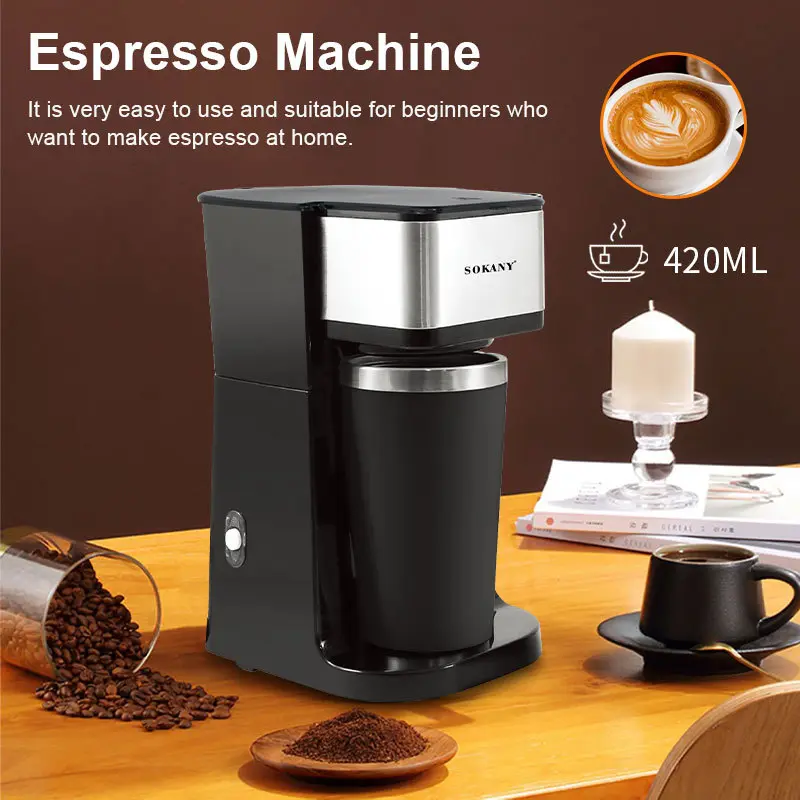 SOKANY SK-1123 Single-Cup Espresso Coffee Maker, 750 W, 420 ml Cup, Removable Filter and One-Button Operation