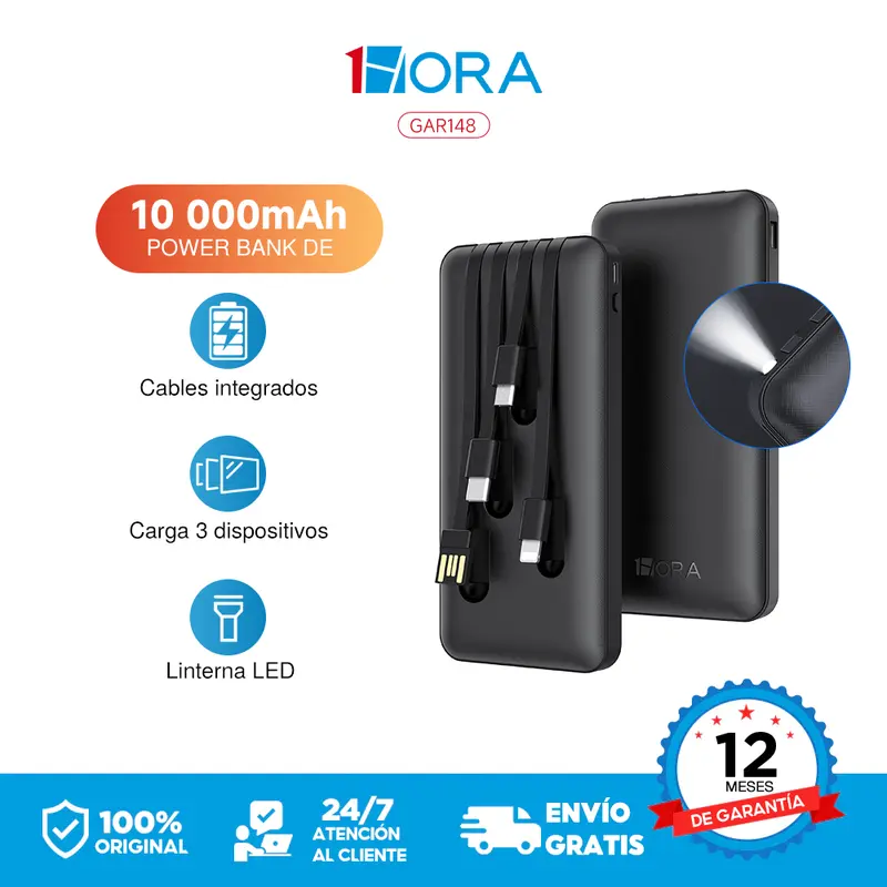GAR148N 10000mAh Power Bank with 4 Built-In Micro USB V8, iPhone and Type-C Cables and Digital Display, Compatible with iPhone 16, 15, 14, 13, 12, Samsung S22, S21 and Xiaomi; 1-Hour Offer