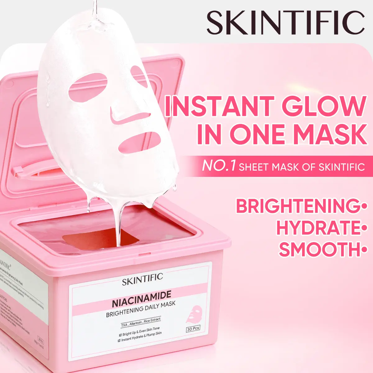 Mascarillas faciales diarias iluminadoras Skintific con niacinamida, 30 unidades, con TXA y extracto de arroz para iluminar y suavizar la piel al instante