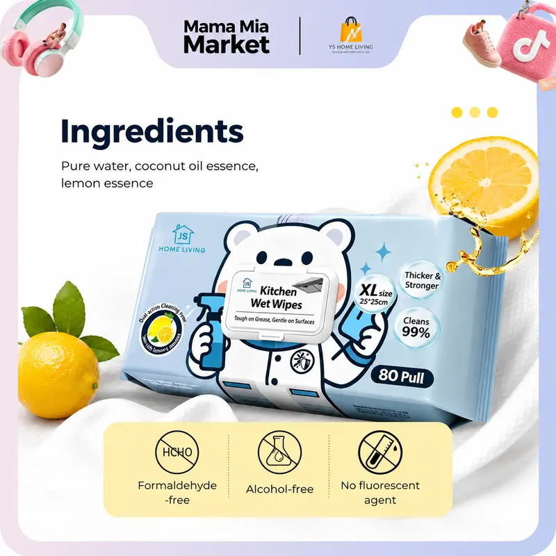 JOYSAVES Tisu Basah Dapur Serbaguna 80pcs 25x25cm Tanpa Alkohol Pembersih Efektif dan Menjimatkan Masa