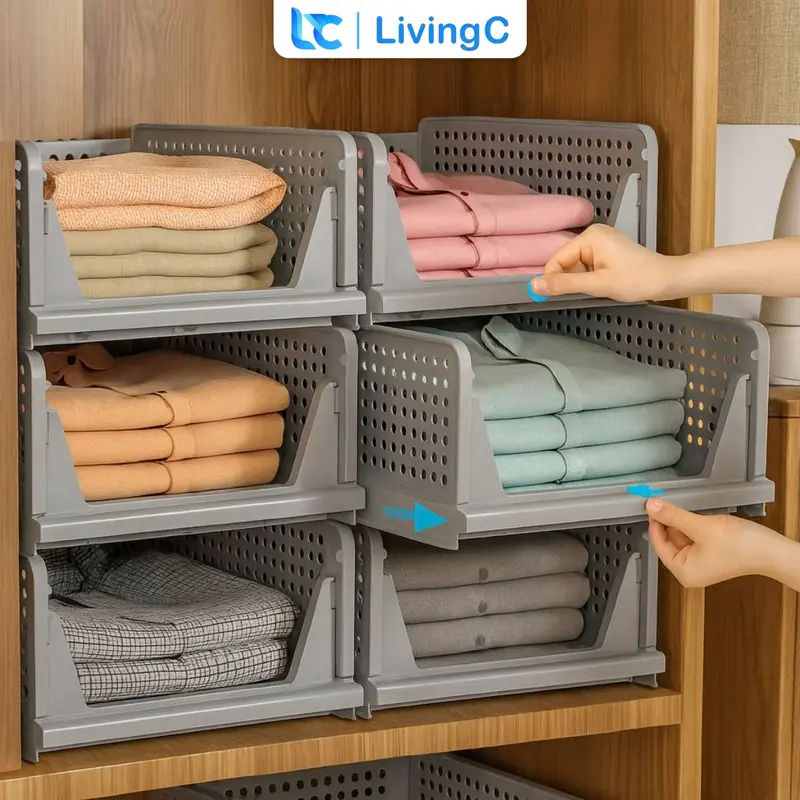 Living C 3-Tier Stackable Folding Plastic Storage Shelf for Clothes and Office Supplies