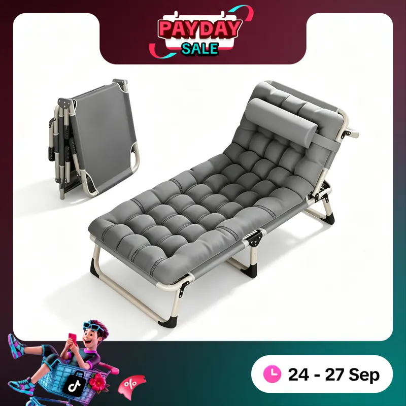 【POLY LIVE】Chaise longue pliante réglable avec matelas en coton et oreiller offerts, pour bureau, balcon, jardin, plage et camping