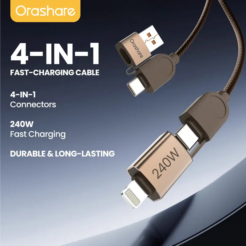 Orashare OC06 4-in-1 Magnetic Charging Cable, 240W, 4 Connectors, for iPhone 6/7/8/X/XR/11/12/13/14 Pro Max/14 Pro/15/16/17