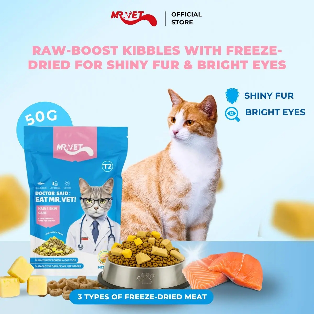 Croquettes pour chat MR.VET T2 50 g, soin du pelage et de la peau, formule Rawboost avec morceaux de viande lyophilisée