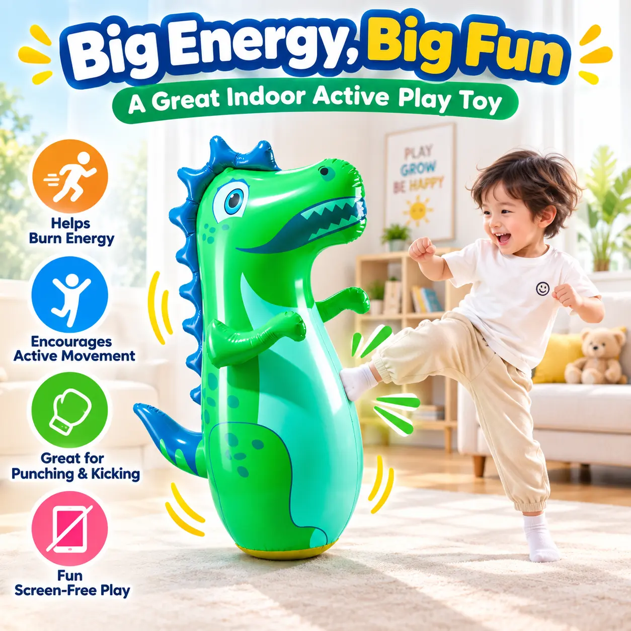 Inflatable Dinosaur Punching Toy for Kids with Air Pump, Weighted Water-Filled Base and Freestanding Design