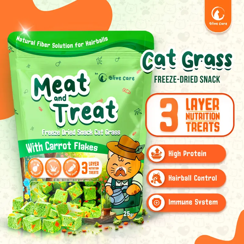 Olive Care MEAT & TREAT Freeze Dried Cat Grass Cube Snack Cemilan Kucing Tinggi Serat dan Protein atasi Hairball Bulu Rontok Penyebab Batuk, Tidak Nafsu Makan, Sembelit, Diare | Daging Ayam, Wheatgrass, & Carrot Flakes untuk Pencernaan dan Sistem Imun