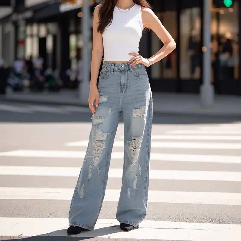Calça jeans feminina CAREA loose wide leg, denim azul-claro, tamanhos 27 a 32