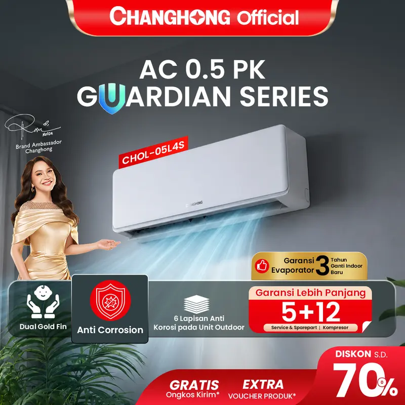 CHANGHONG AC 1/2 PK GUARDIAN SERIES STANDARD CHOL-05L4S [INDOOR + OUTDOOR UNIT ONLY] [ANTI CORROSION PRO] [BABY CARE MODE] [3 IN 1 FILTER]  [FAST COOLING] [SLEEP MODE] [ECO MODE]] [DOUBLE GOLDEN FIN]