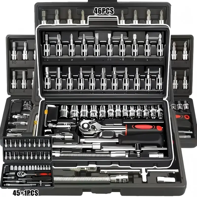 Juego De Herramientas Mecánicas Dados Automóvil 46 Piezas Negro/Juego de 46 piezas de dados y trinquete de 1/4 de pulgada, dados de grado S2 de acero cromo vanadio métricos y barra de extensión, kit de herramientas completo adecuado para mantenimiento de automóviles y uso doméstico