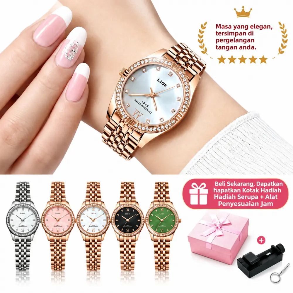 Women's Luxury Quartz Watch with Stainless Steel Strap and Gold-Tone Diamond-Style Accessory Set, Box and Band