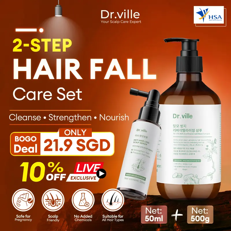Dr.ville Anti-Hair Loss Shampoo 500ml and Hair Tonic 50ml Set with Natural Herbal Ingredients for Scalp Care and Hair Volume