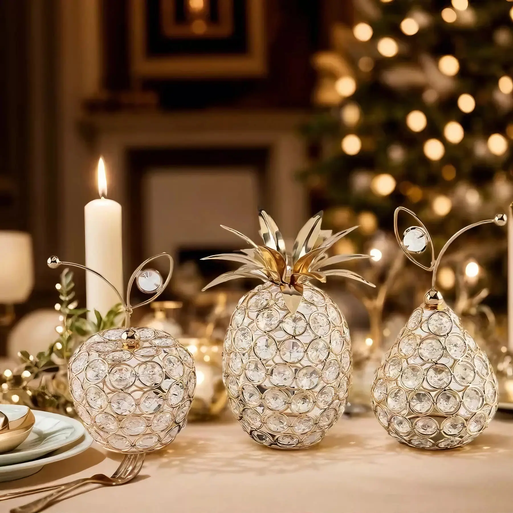 Sparkling Crystal Fruit Table Ornament, Apple, Pineapple or Pear, for Home Décor and Special Events