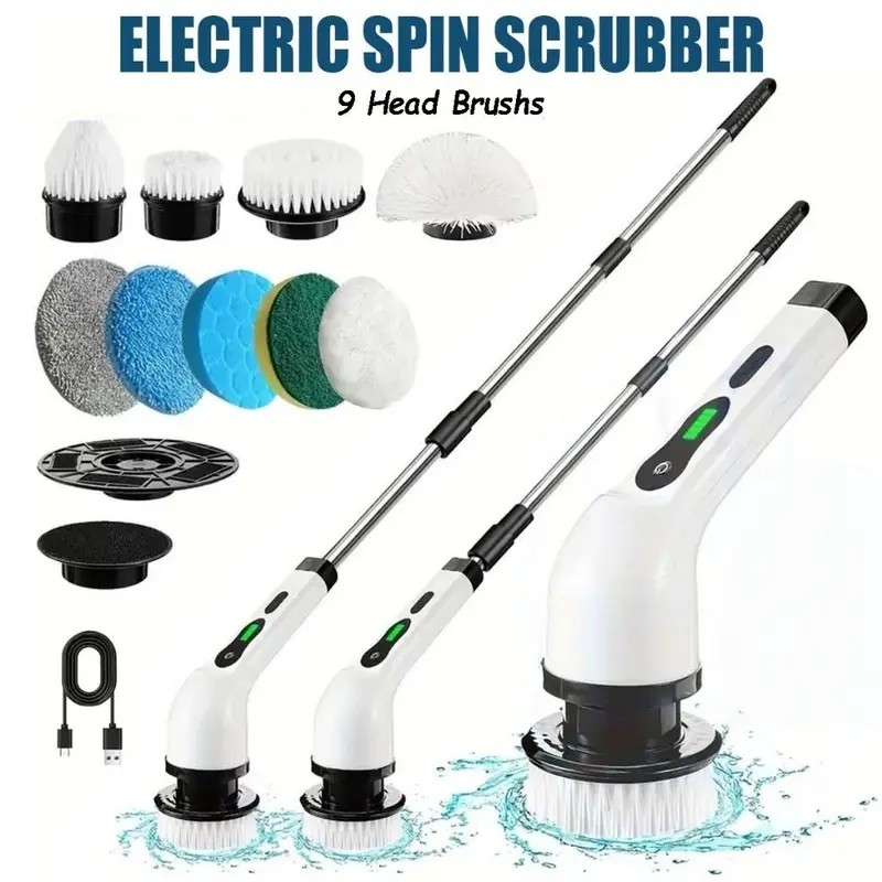 9-in-1 Electric Spin Scrubber with Replaceable Brush Heads for Bathroom Cleaning