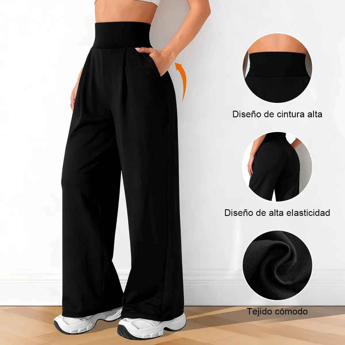 Calça esportiva feminina de cintura alta, lisa, com pregas, bolsos e perna larga, modelo transpassado para pádel, tênis, pickleball, academia e fitness no outono e inverno