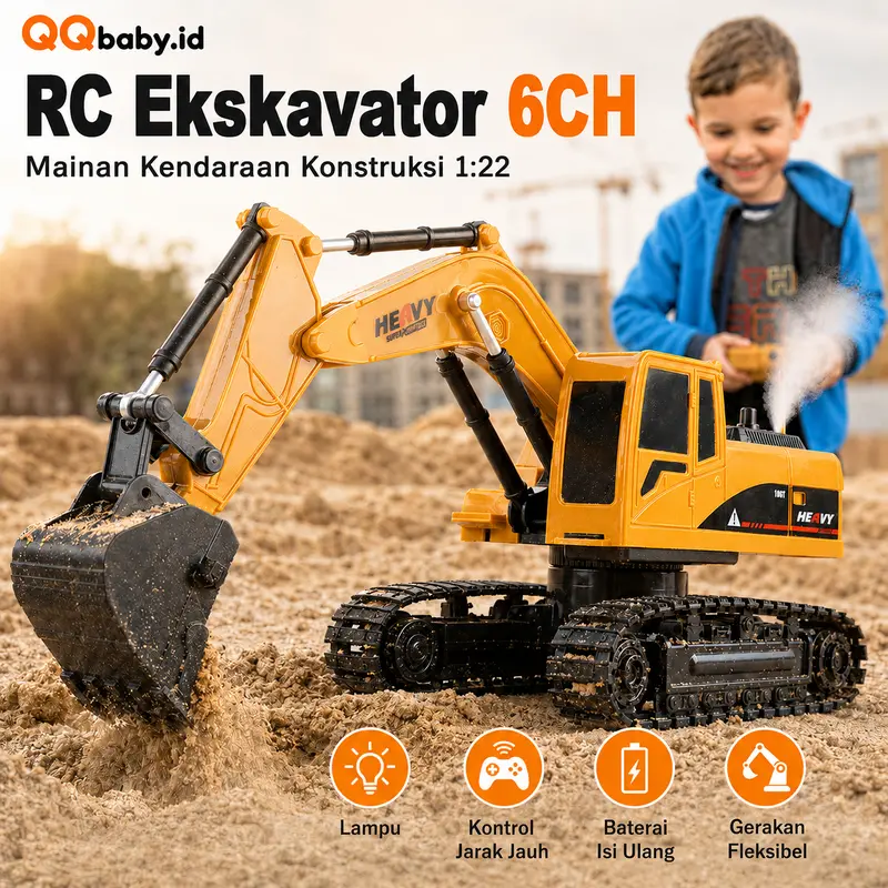 QQbaby 6-Channel RC Excavator Toy with Smoke Spray, LED Lights, Hydraulic Sounds and 3.7V 1200mAh Battery