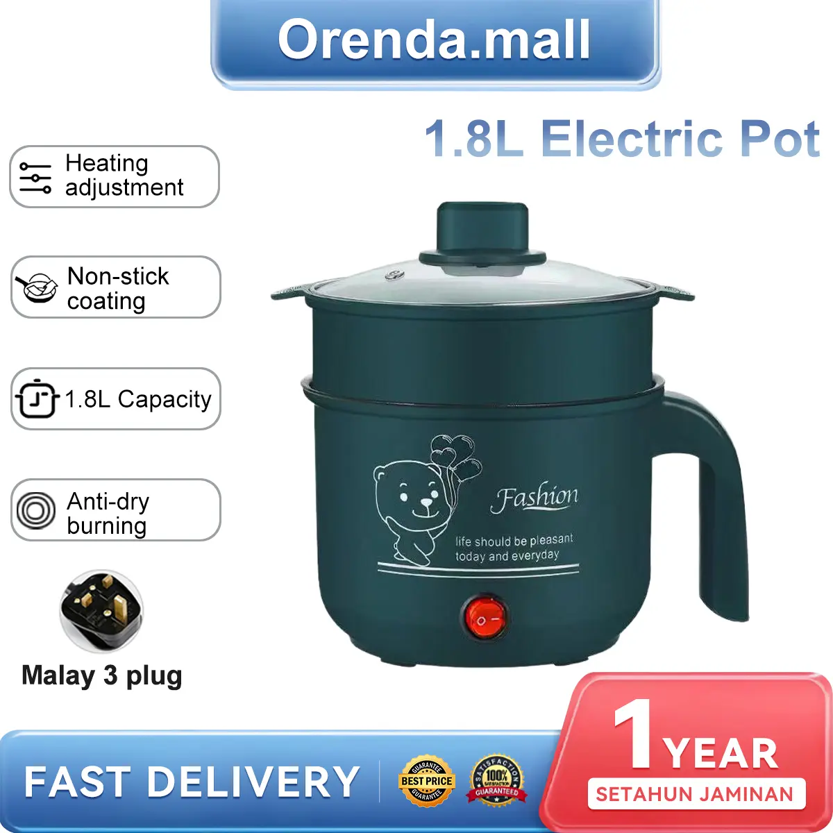 Periuk Elektrik Non-Stick 1.8L tahan panas 1.8L Non Stick Electric Pot /Mini Rice Cooker With Steamer Frying Pan Electric Cooker Cooking Pot Periuk Nasi serbaguna ricecooker