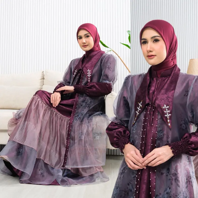 Đầm dài nữ Hồi giáo Qistina Series 12 kèm áo khoác ngoài tháo rời, chất liệu jacquard và organza lụa in họa tiết