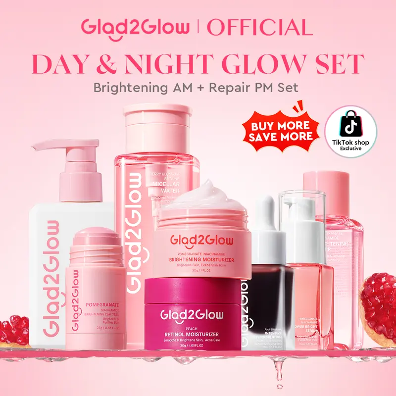 Glad2Glow日夜面部护肤8件套：洁面乳80g＋焕亮精华17ml＋焕肤精华液15ml＋烟酰胺焕亮面霜30g＋视黄醇面霜30g＋爽肤水80ml＋泥膜棒25g＋卸妆水300ml
