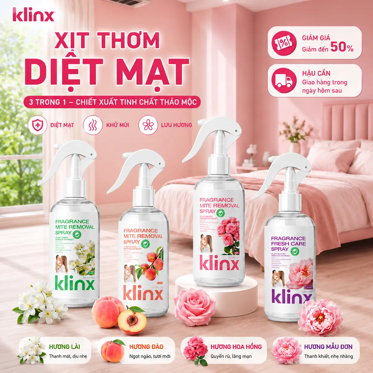 [Klinx High Quality] Scented Dust-Mite Spray for Bedding and Fabrics, No Rinsing Required, Daily-Use Antibacterial Spray